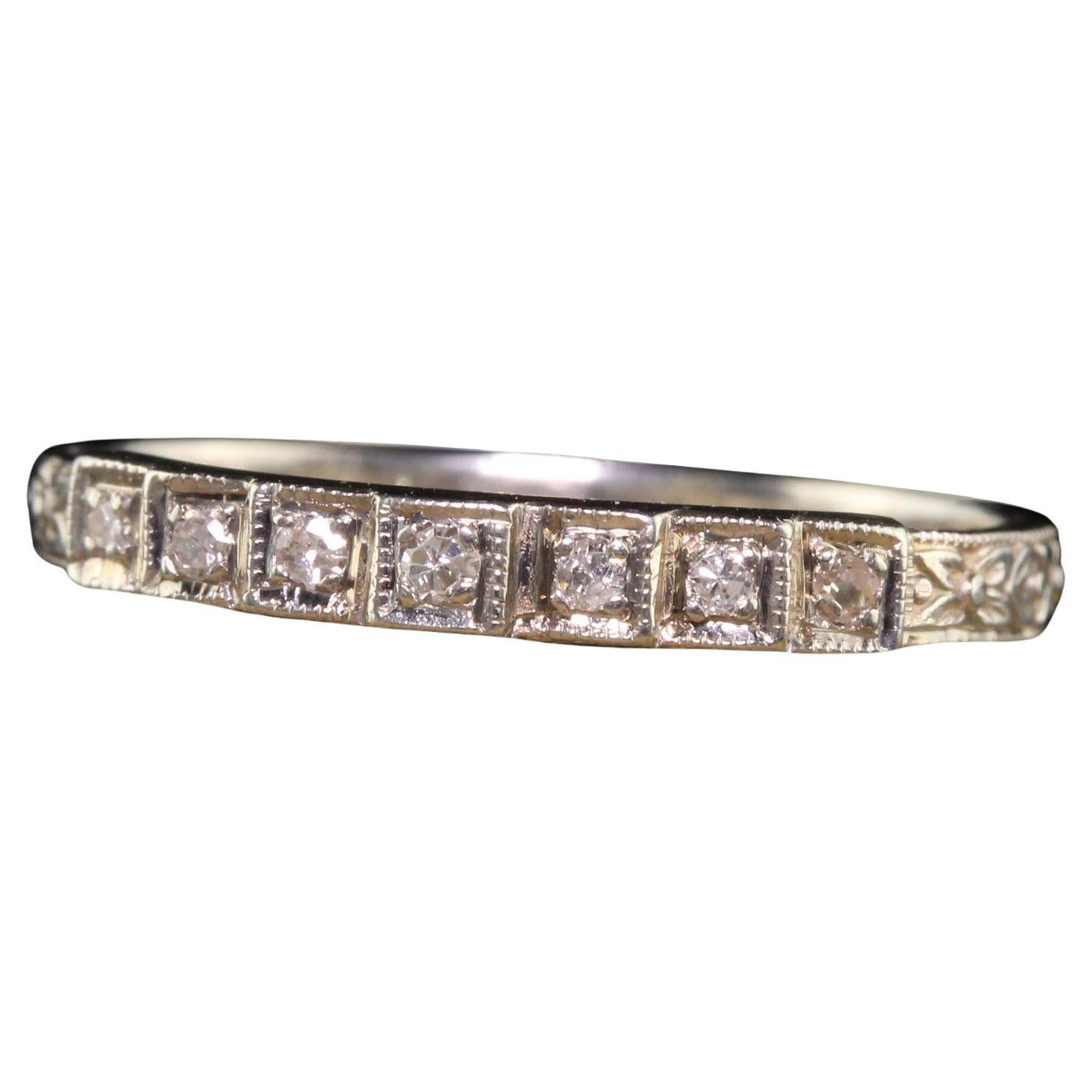 Antique Art Deco 18k White Gold Single Cut Diamond Engraved Wedding Band For Sale