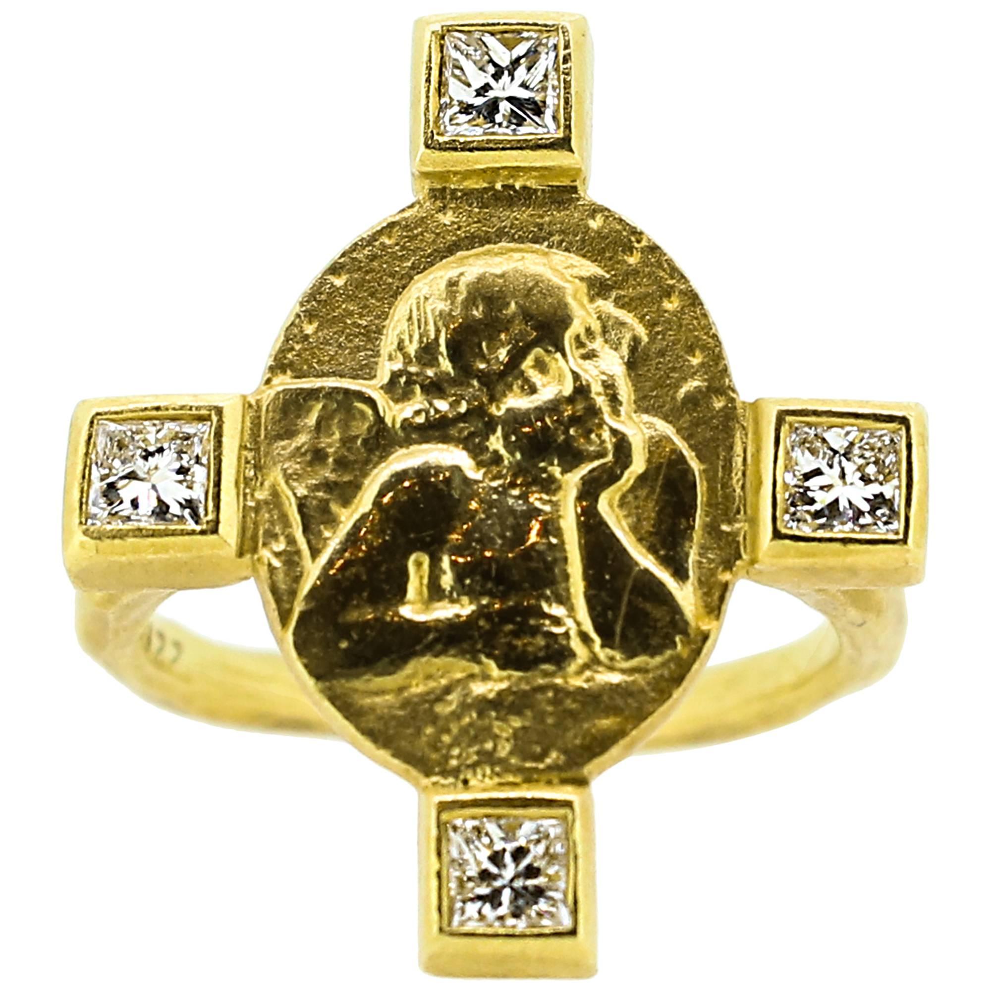  Cathy Waterman Diamond Gold Cross-Style Cherub Ring
