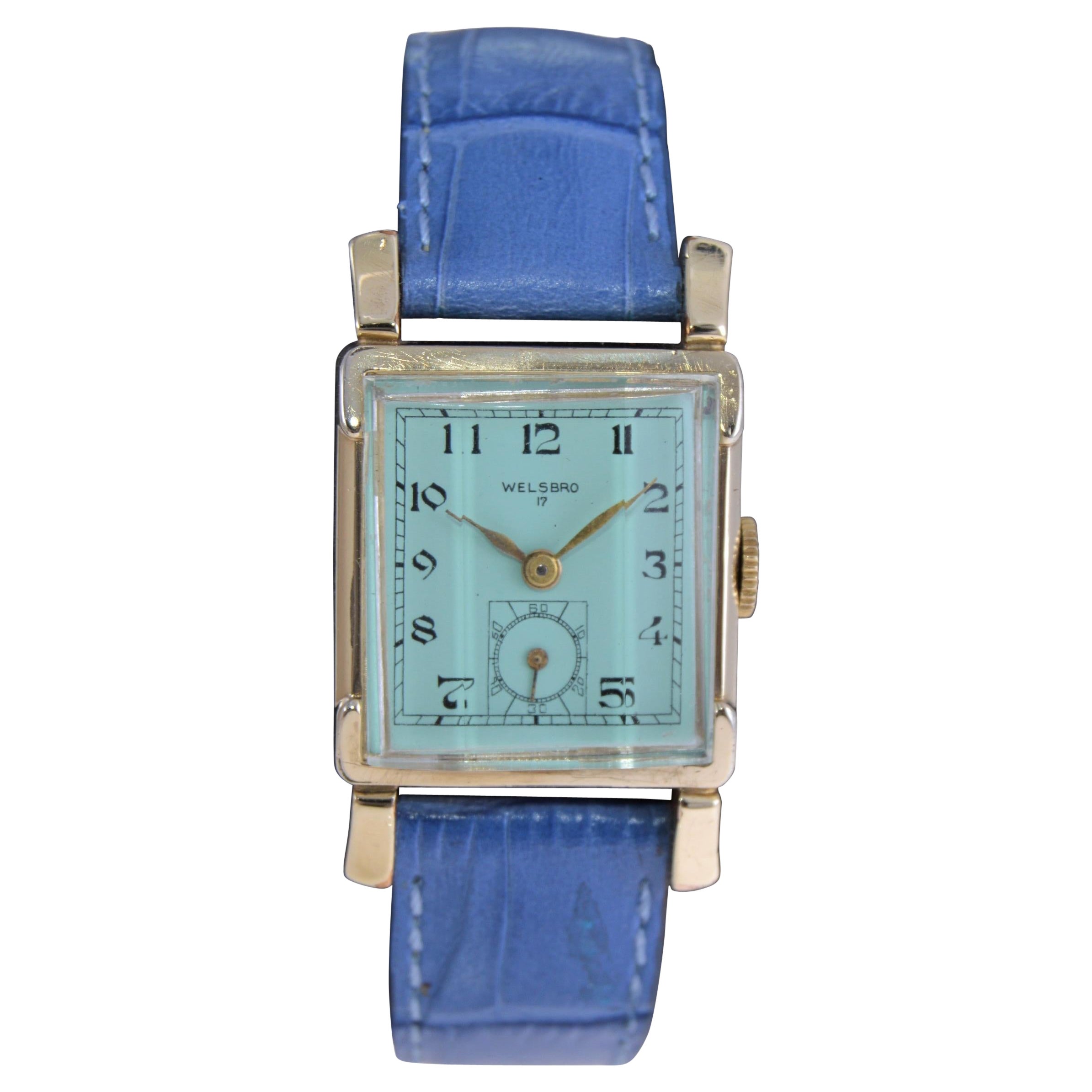 Welbros Yellow Gold Filled Art Deco Tank Watch with Custom Blue Dial from 1940's