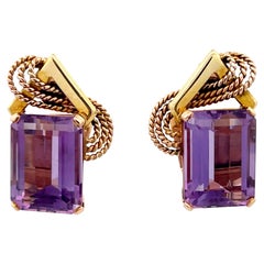 Retro Purple Amethyst Clip on Earrings in 18k Yellow Gold