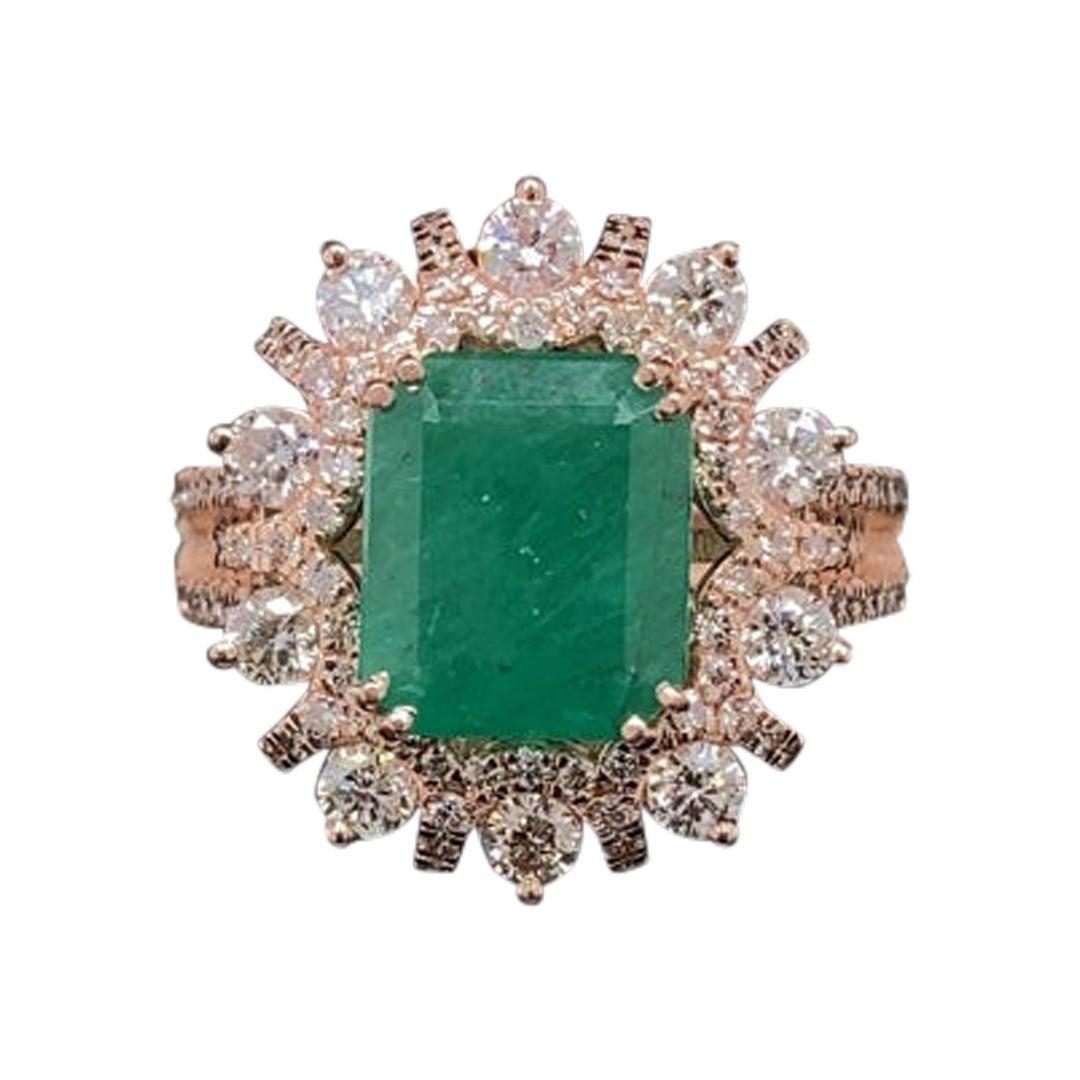 For Sale:  Cocktail Ring with a Natural Emerald & Diamonds in 18k Solid Gold
