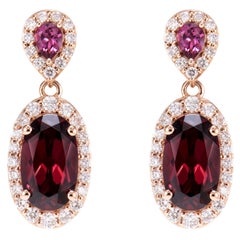 Boucles d'oreilles pendantes en or rose 18 carats et rhodolite de 4,60 carats avec diamants blancs
