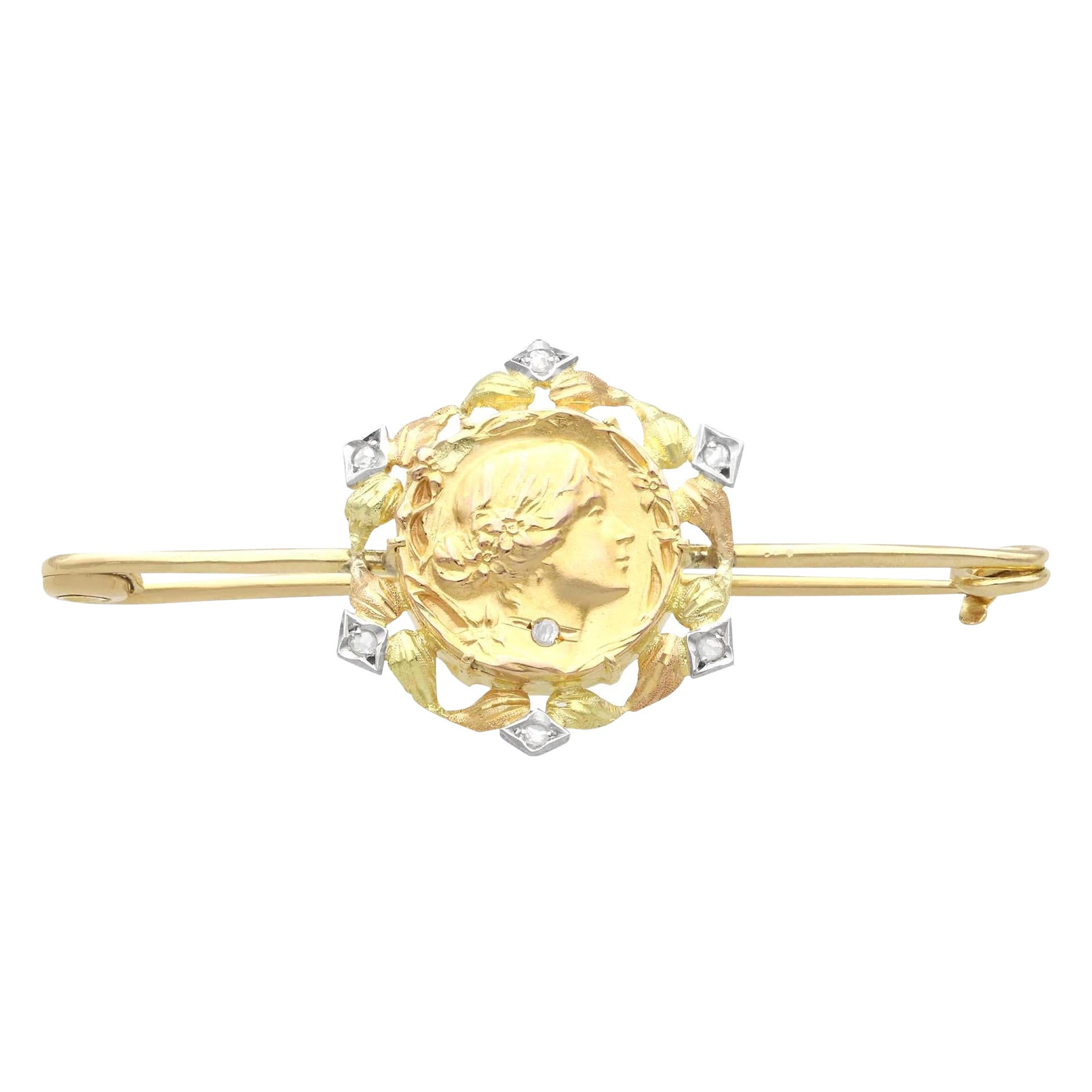 Antique Art Nouveau 0.13 Carat Diamond and 21K Yellow Gold Bar Brooch