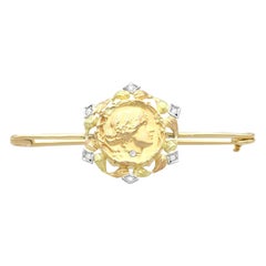 Antique Art Nouveau 0.13 Carat Diamond and 21K Yellow Gold Bar Brooch