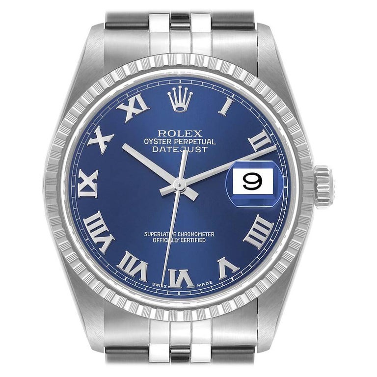 Rolex Datejust Blue Dial Engine Turned Bezel Steel Mens Watch 16220 Service  Card For Sale at 1stDibs | rolex datejust 16220, 16220 rolex, rolex logo  watch
