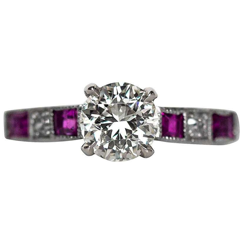 1940s Art Deco 1.01 Carat GIA Certified European Cut Diamond Ruby Platinum Ring For Sale