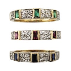 Set of 3 Ruby /Sapphire / Emerald and Diamond Band Rings