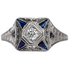 1930s Art Deco Sapphire Diamond Gold Engagement Ring