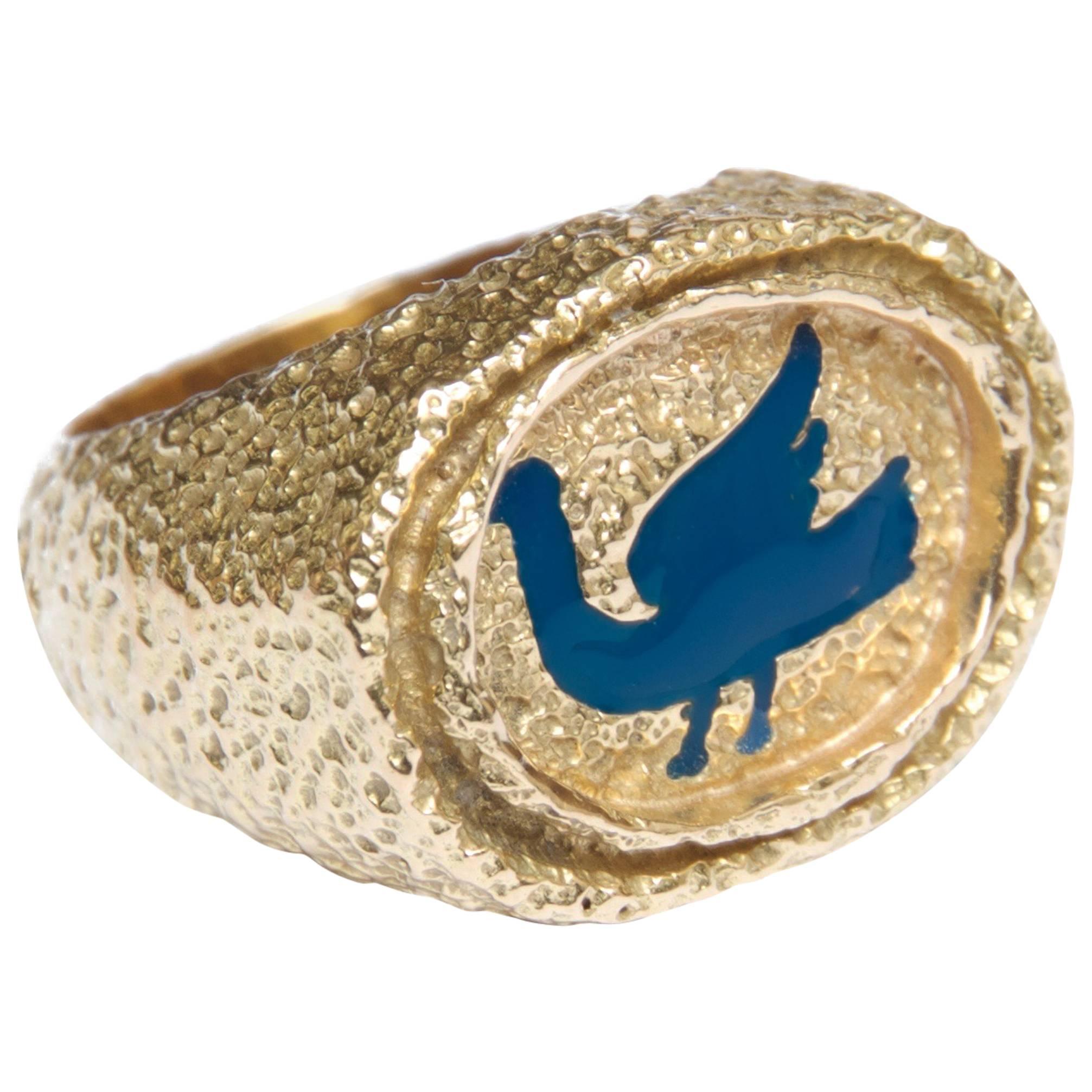 Beautifull 18K Gold & Blue enamel Ring by Georges Braque (1882-1963), inventor of cubism. 
The piece is called "Procris". 
It is Signed "Bijoux de Braque" and numbered 7/8
Size 55 (7 1/8) 

The bird theme is a major Braque