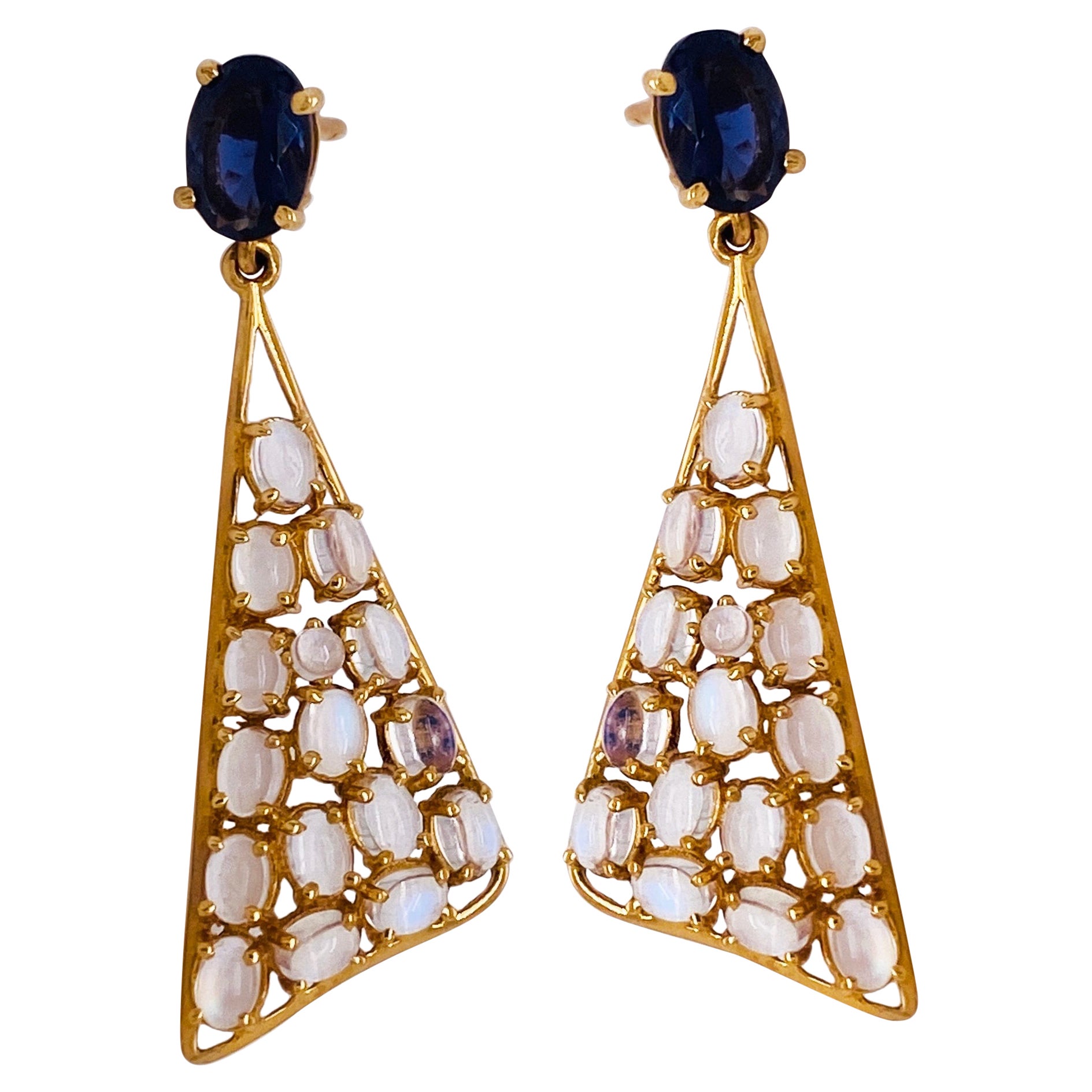 2.55 Carats Sapphires & 2.80 Carats Moonstones, 18K Gold Statement Earrings 'Lv'