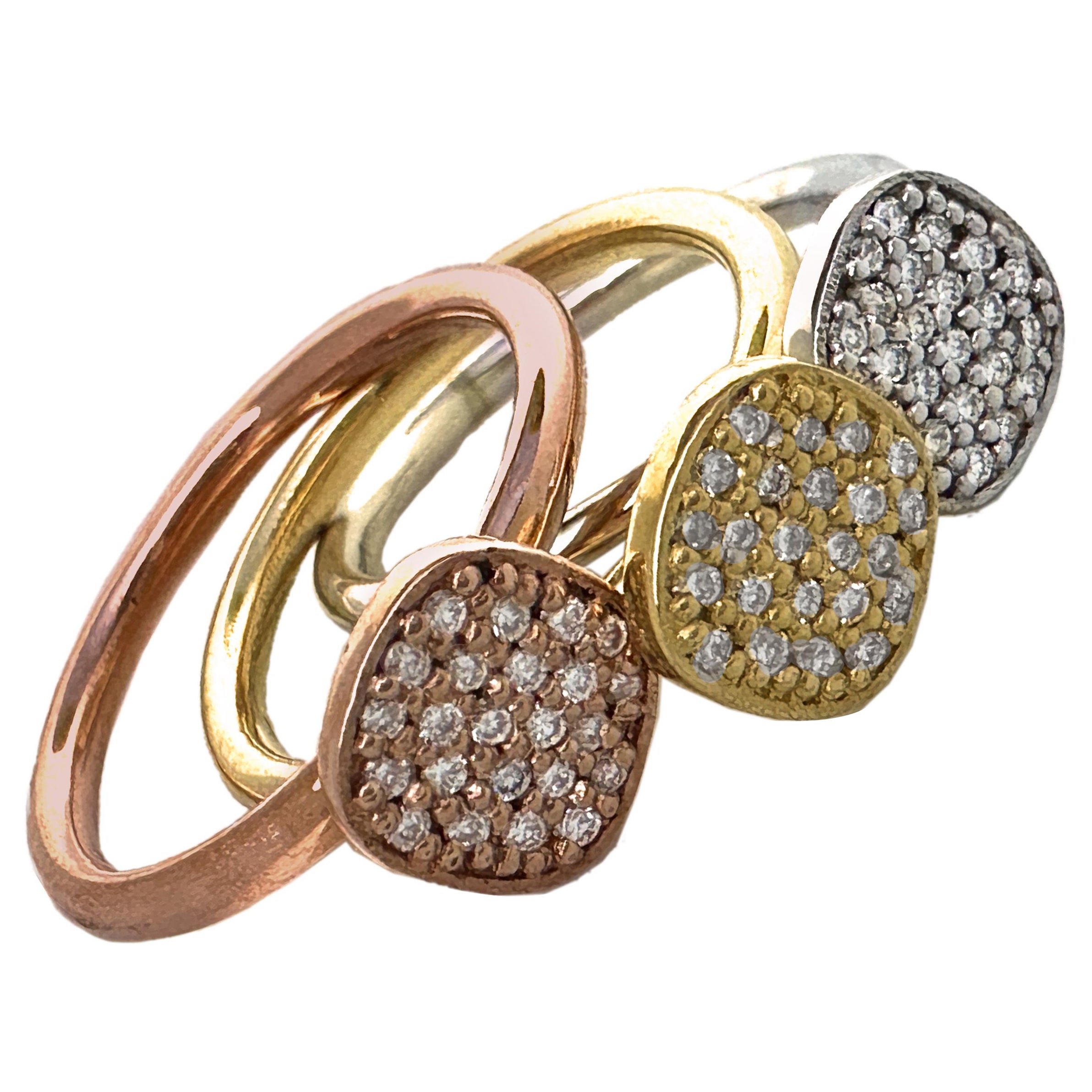 "Pebbles" Set of Three Stacking Pavé Diamond Rings in Rose, White & Yellow Gold For Sale