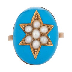 Antique Victorian Star Ring Blue Enamel Pearl Dome Vintage 9k Yellow Gold 