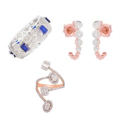 Silver Bangle 18k Rose Gold Natural Diamond Ring & Diamond Hoop Earrings Jewelry