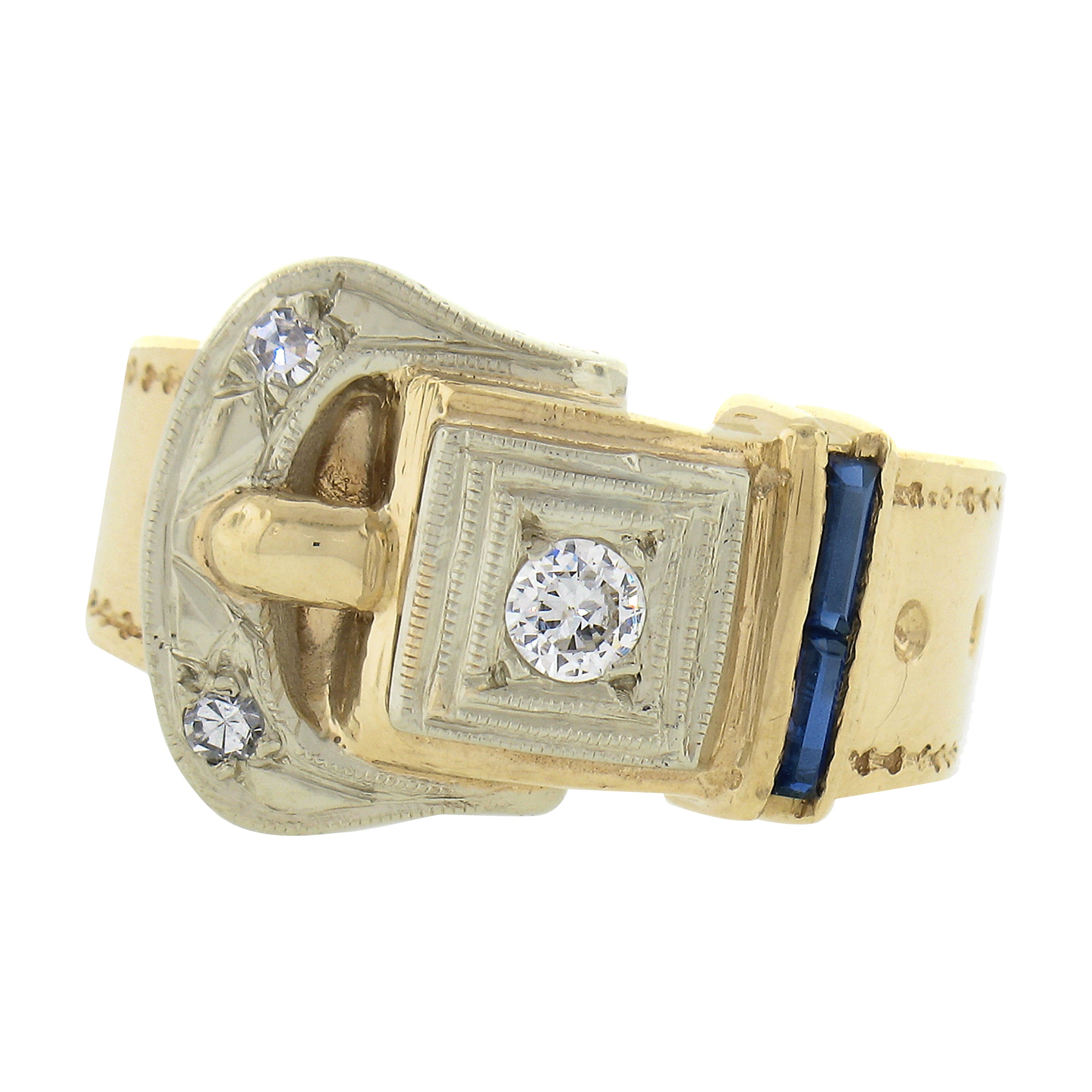 Retro 14k Two Tone Gold 0.22ctw Baguette Cut Sapphire & Diamond Buckle Band Ring For Sale