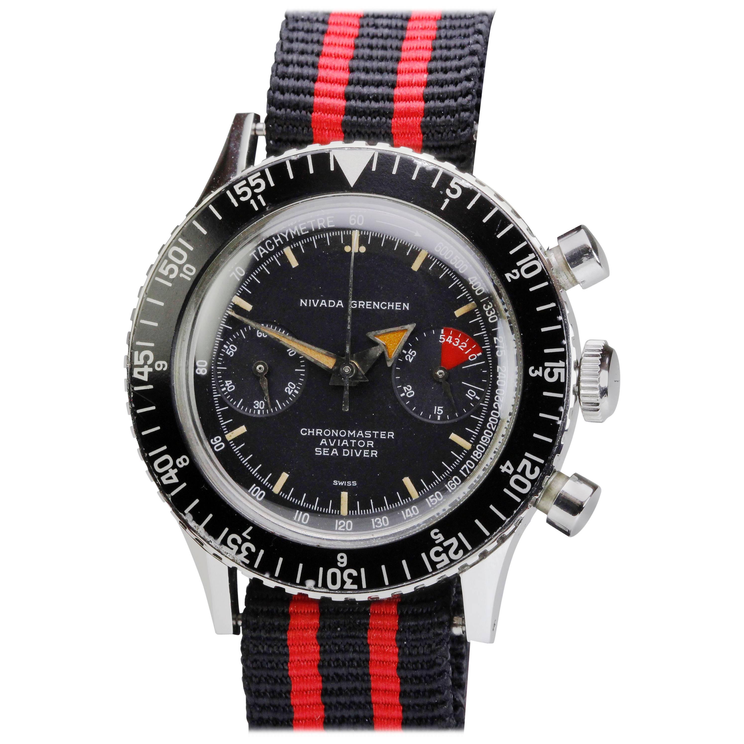 Nivada Grenchen Stainless Steel Chronomaster Aviator Sea Diver Wristwatch