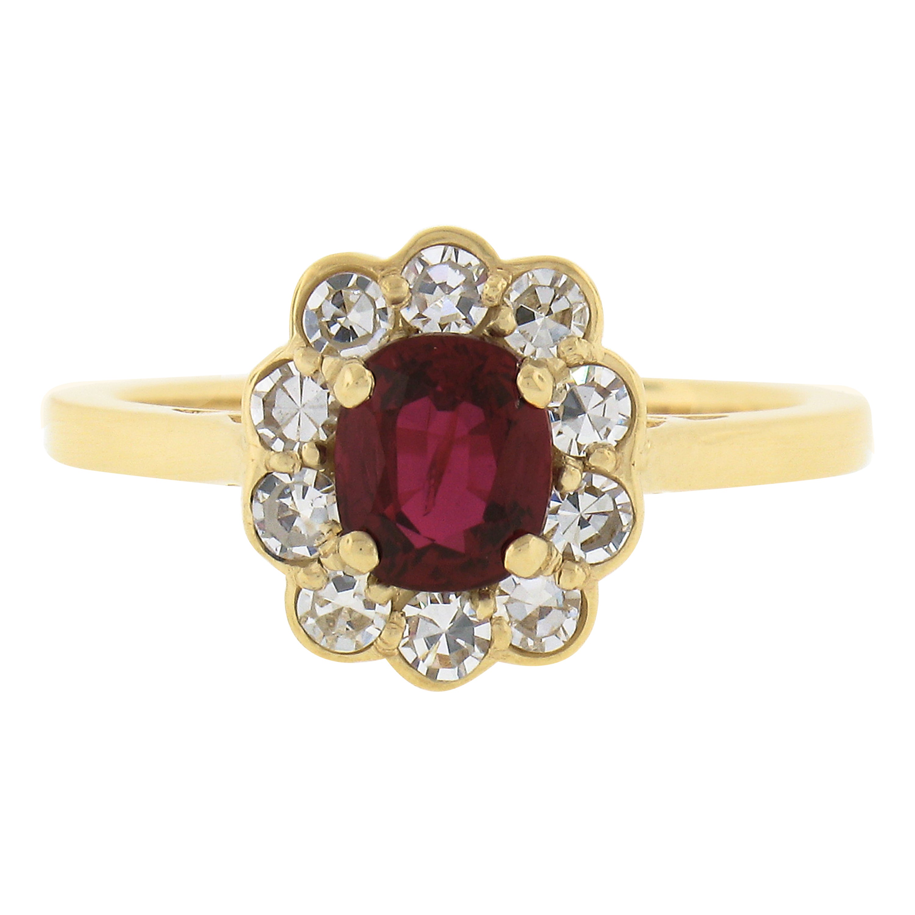 18k Gold 1.51ctw GIA No Heat Cushion Vivid Red Ruby & Diamond Flower Halo Ring For Sale