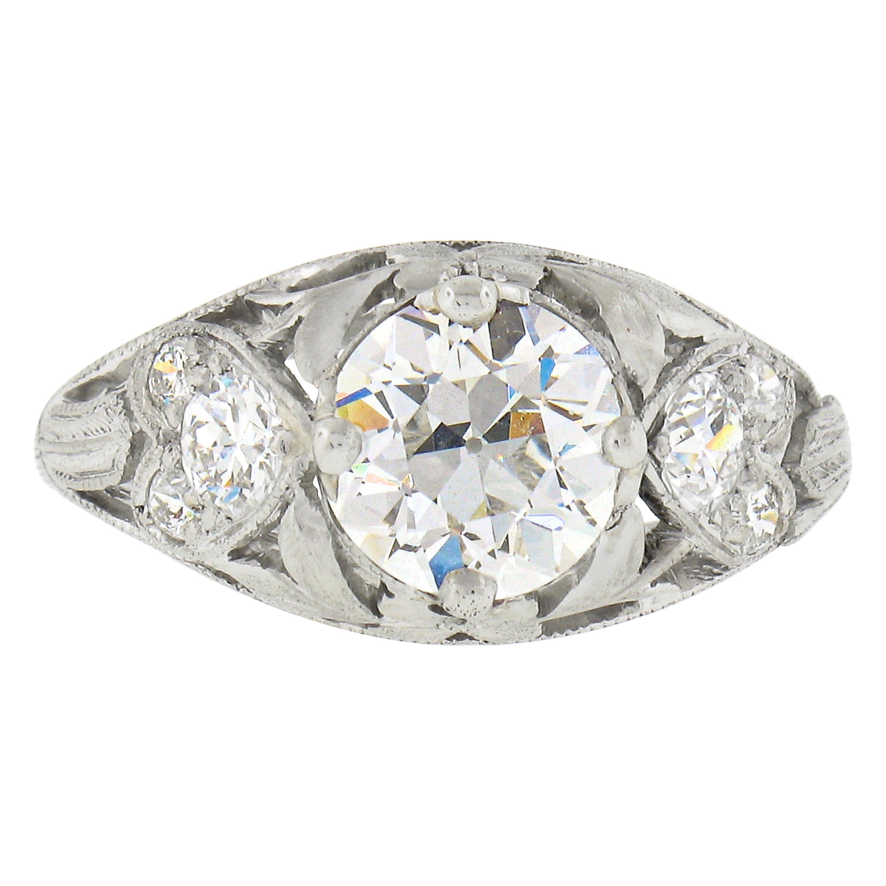 Antique Edwardian Platinum 1.5ct GIA European Diamond Heart Floral Filigree Ring For Sale
