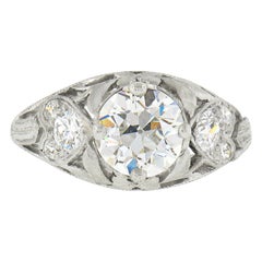 Used Edwardian Platinum 1.5ct GIA European Diamond Heart Floral Filigree Ring