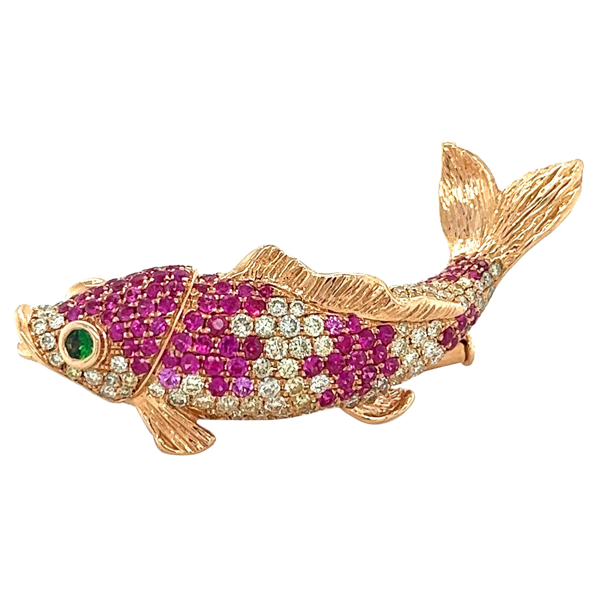 18K Rose Gold Fancy Diamond & Ruby Fish Brooch For Sale