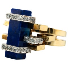 Natural Lapis Lazuli Diamond Ring 14k Gold Vintage Art Deco