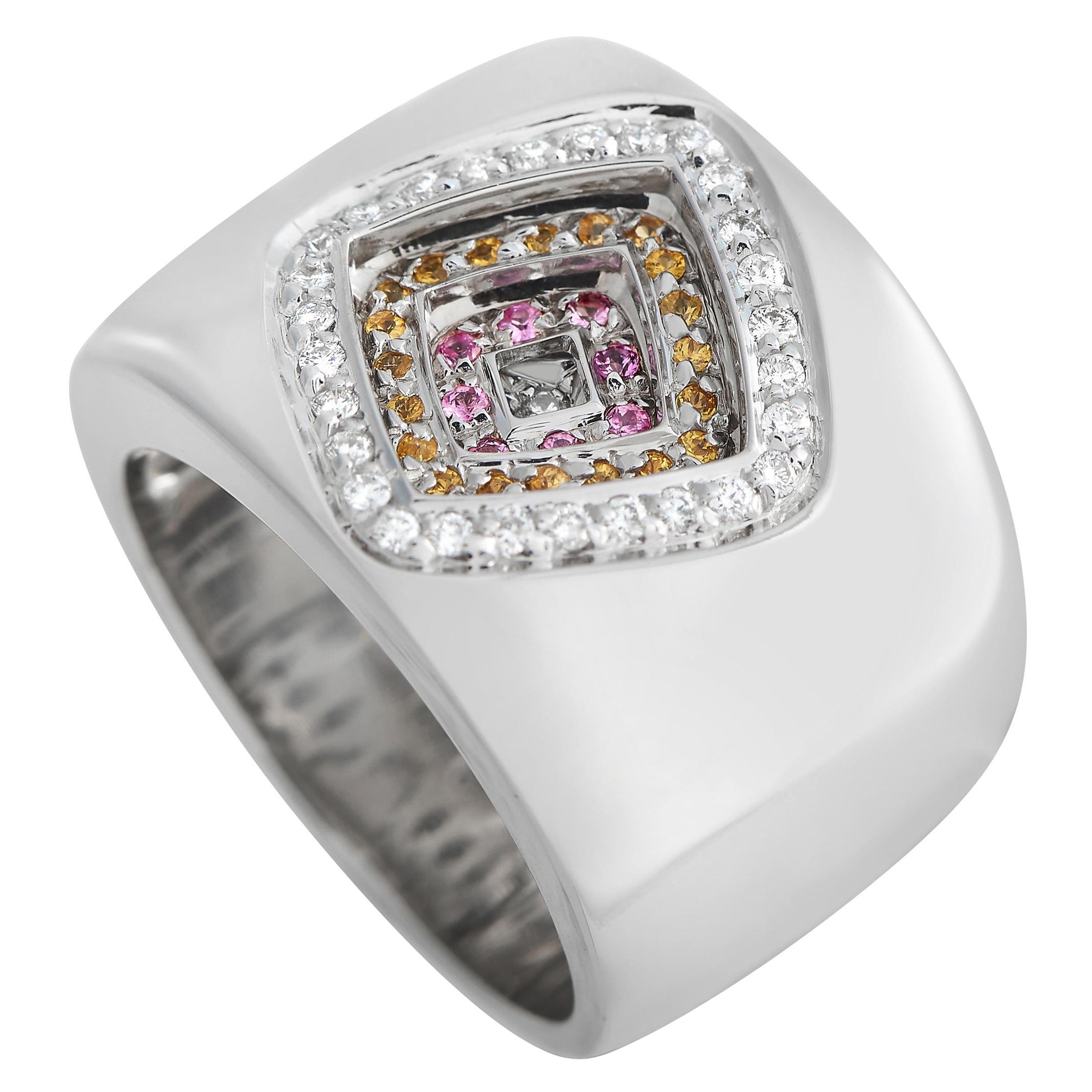 Piero Milano 18Karat White Gold 0.21Carat Diamond and Sapphire Wide Ring For Sale