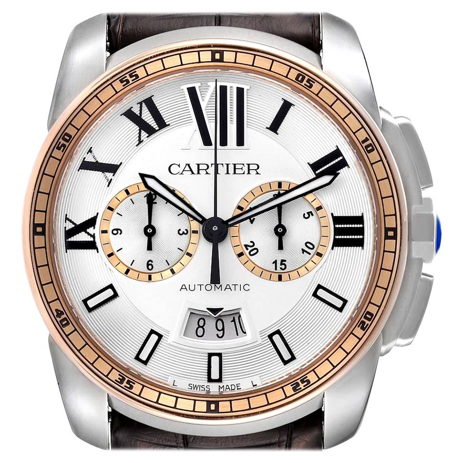 Cartier Calibre Chronograph Steel Rose Gold Mens Watch W7100043 Box Papers For Sale