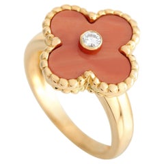 Van Cleef & Arpels Vintage Alhambra 18k Yellow Gold Diamond and Coral Ring