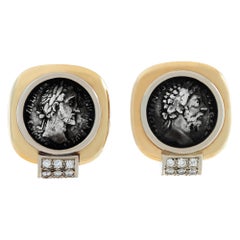 Antique Greek Coin & Diamonds 18k Yellow Gold Earrings