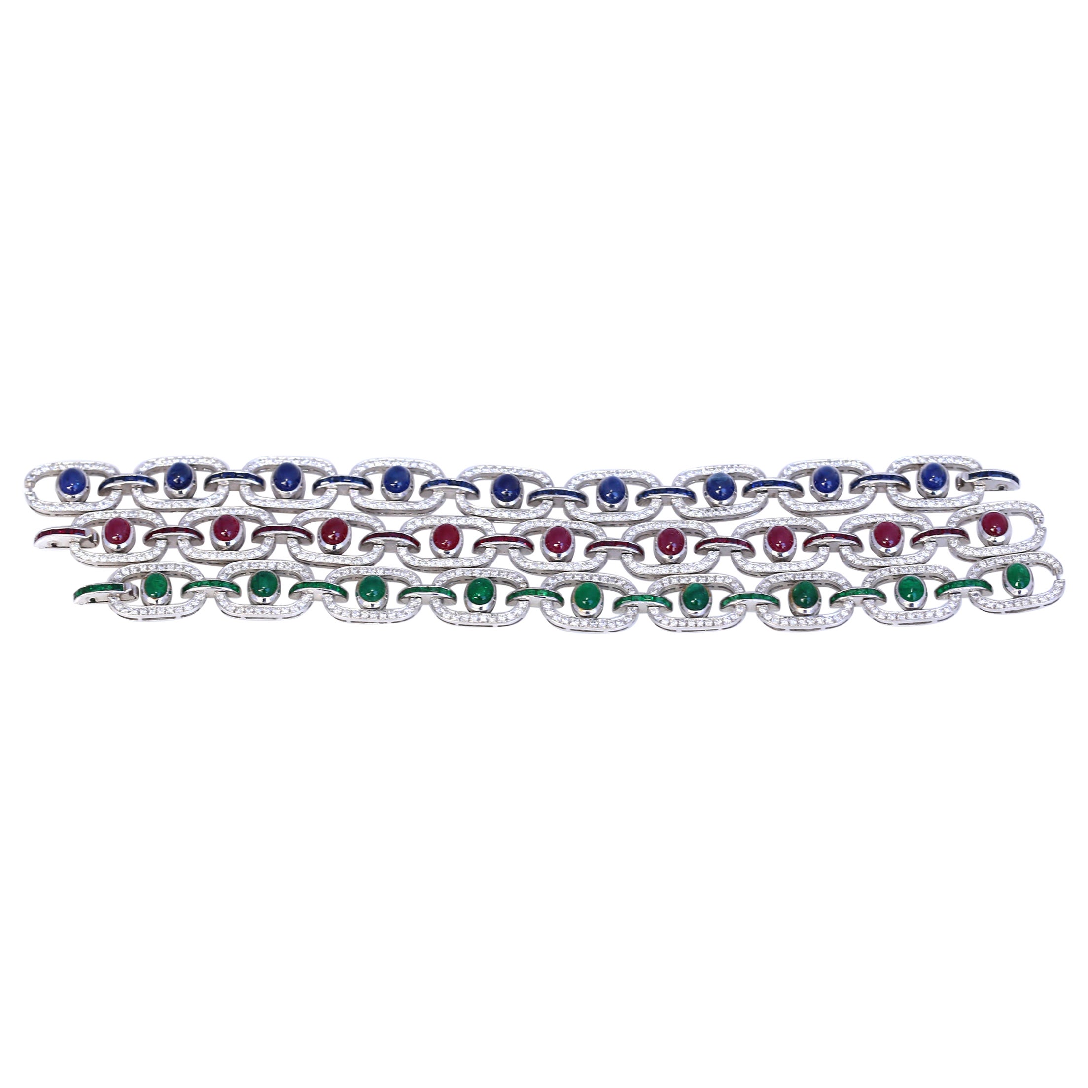 3 Bracelets Set Sapphires Rubies Diamonds Emeralds Necklace Сhoker White Gold For Sale