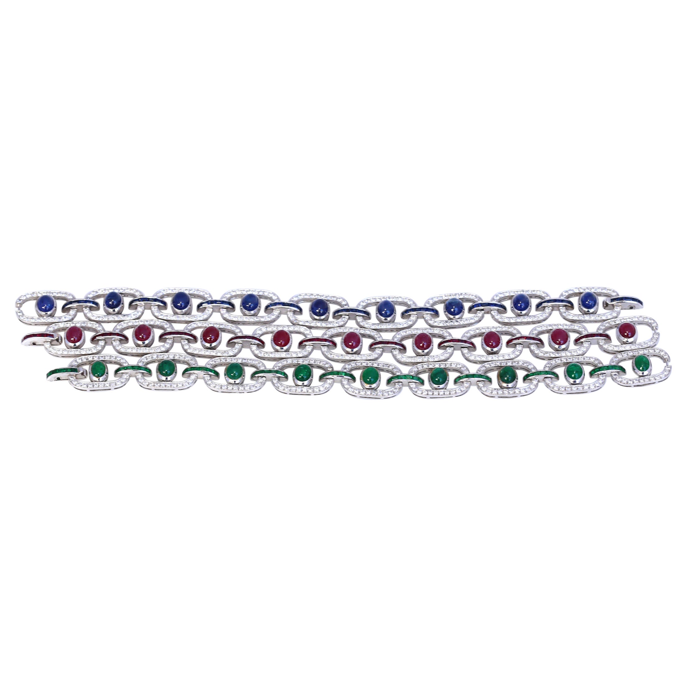 Conjunto 3 Pulseras Zafiros Rubíes Diamantes Esmeraldas Collar Сhoker Oro Blanco