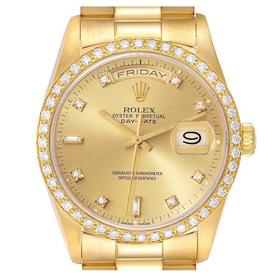 Rolex President Day Date Yellow Gold Diamond Mens Watch 18348