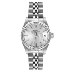 Rolex Date Steel Silver Dial Engine Turned Bezel Ladies Watch 69240