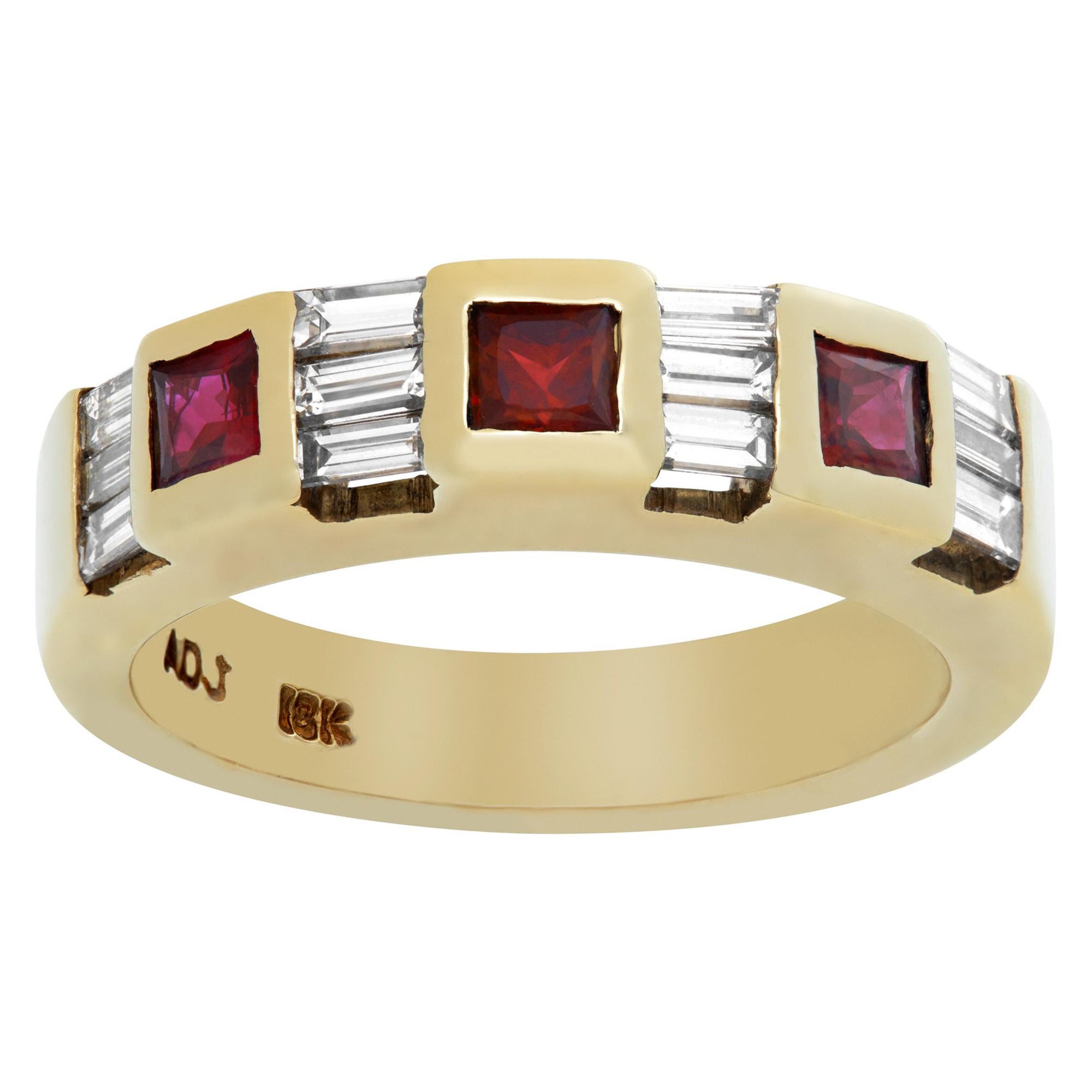 Square Ruby and Tapered Baguette Diamonds 18k Gold Semi Eternity Ring Channel 