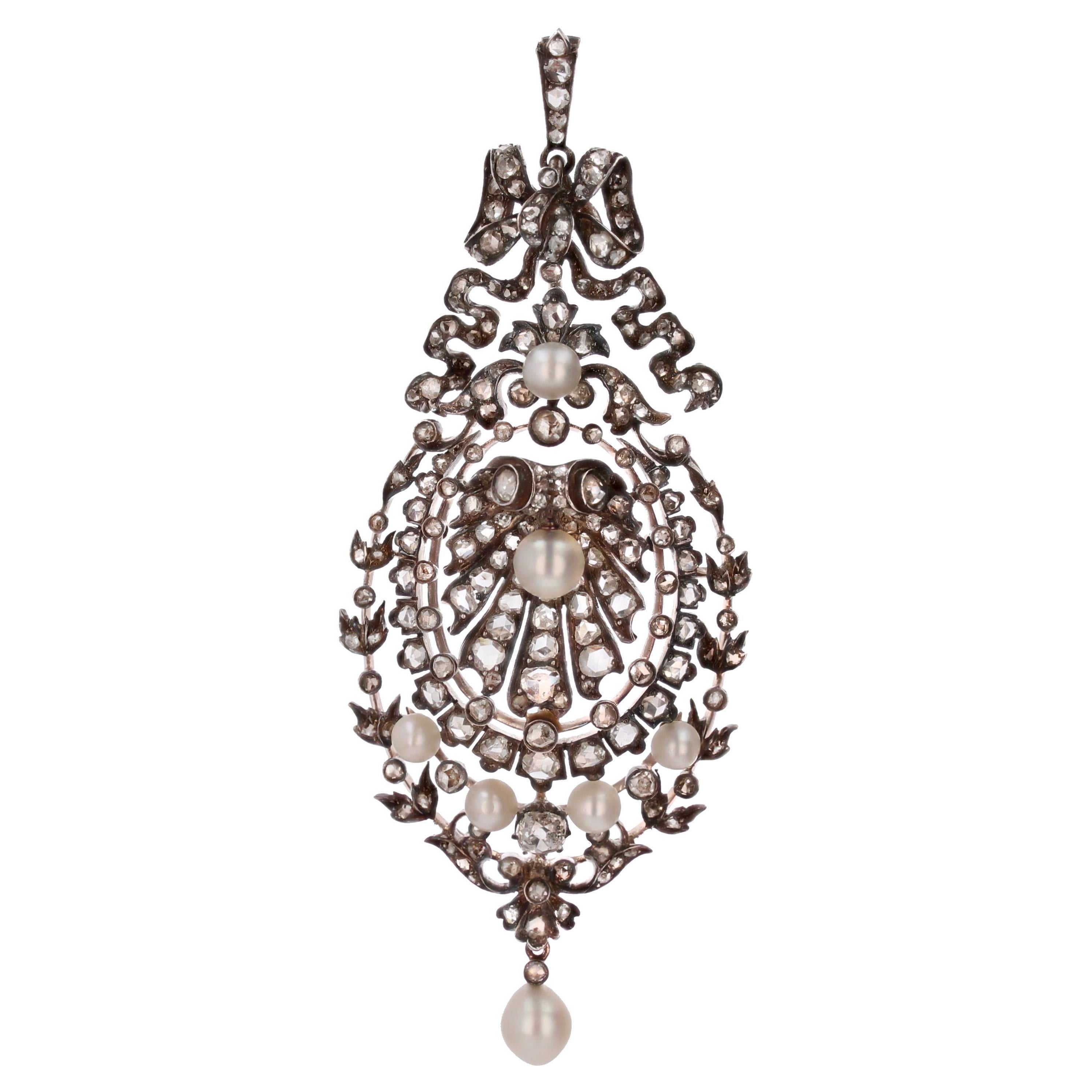 French 19th Century Diamonds and Fine Pearls Silver and 18 K Rose Gold Pendant For Sale