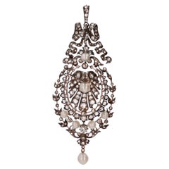 French 19th Century Diamonds and Fine Pearls Silver and 18 K Rose Gold Pendant