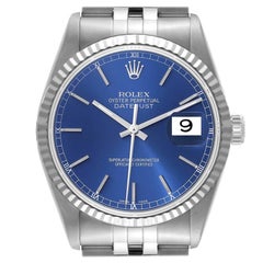 Rolex Datejust Steel White Gold Fluted Bezel Blue Dial Mens Watch 16234