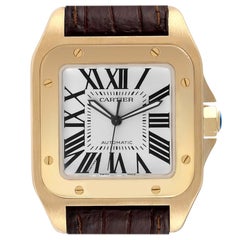 Cartier Santos 100 XL 18l Yellow Gold Black Strap Mens Watch W20071Y1