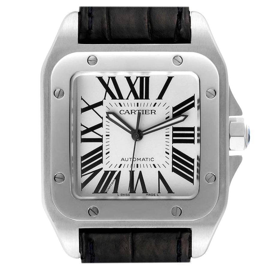 Cartier Santos 100 Silver Dial Black Strap Steel Mens Watch W20073X8 Box Papers For Sale