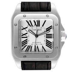 Used Cartier Santos 100 Silver Dial Black Strap Steel Mens Watch W20073X8 Box Papers