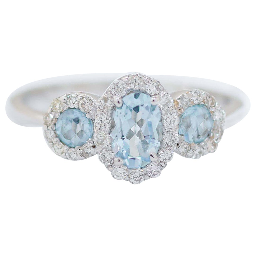Aquamarine Colour Topazs, Diamonds, 18 Karat White Gold Ring. For Sale