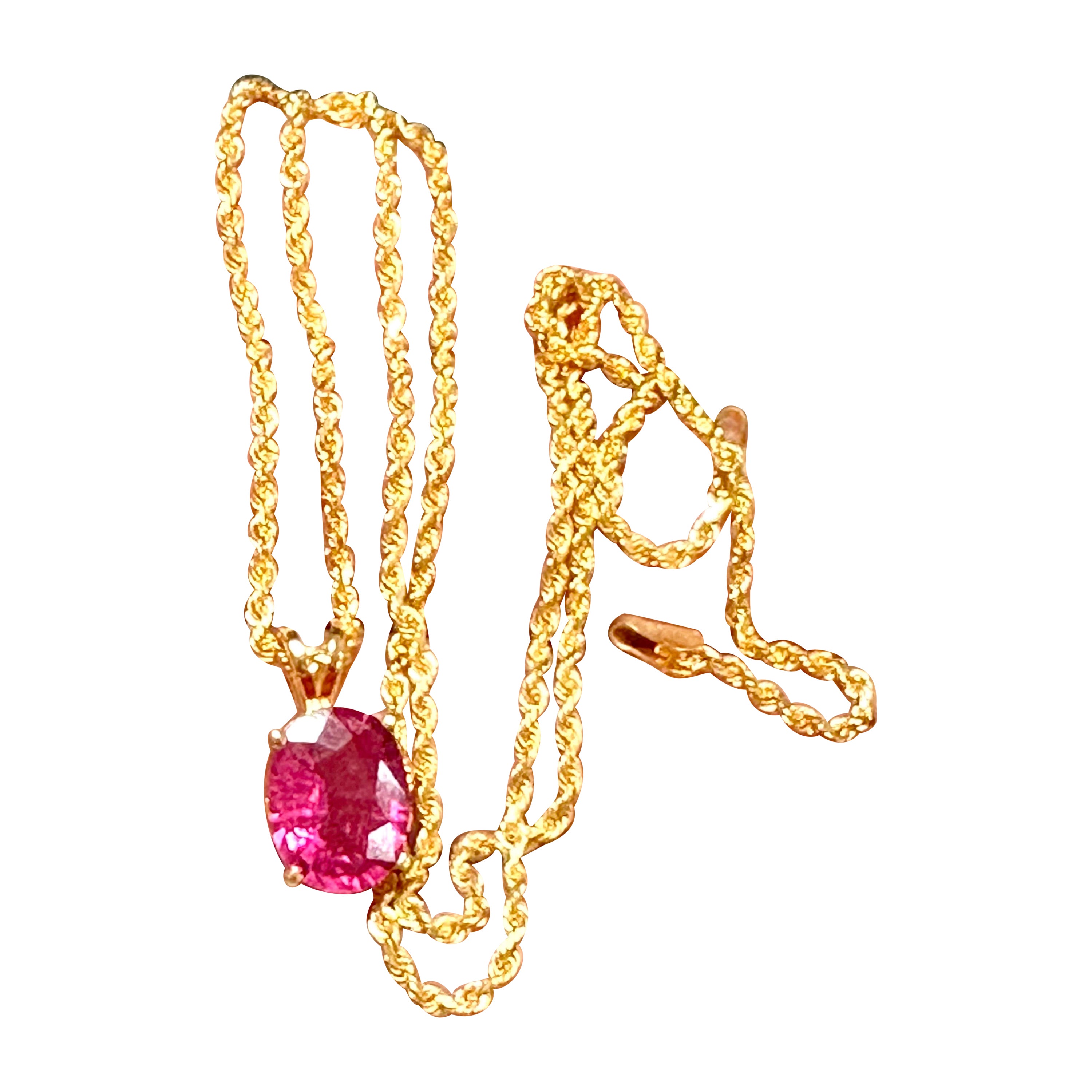 Ungefähr 4 Karat Ovalschliff Natürlicher rosa Turmalin 14 Karat Gelbgold  Seil-Halskette 18