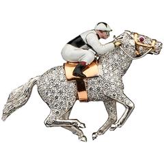 E. Wolfe & Co. Diamond And Enamel Racehorse Jockey Brooch 1