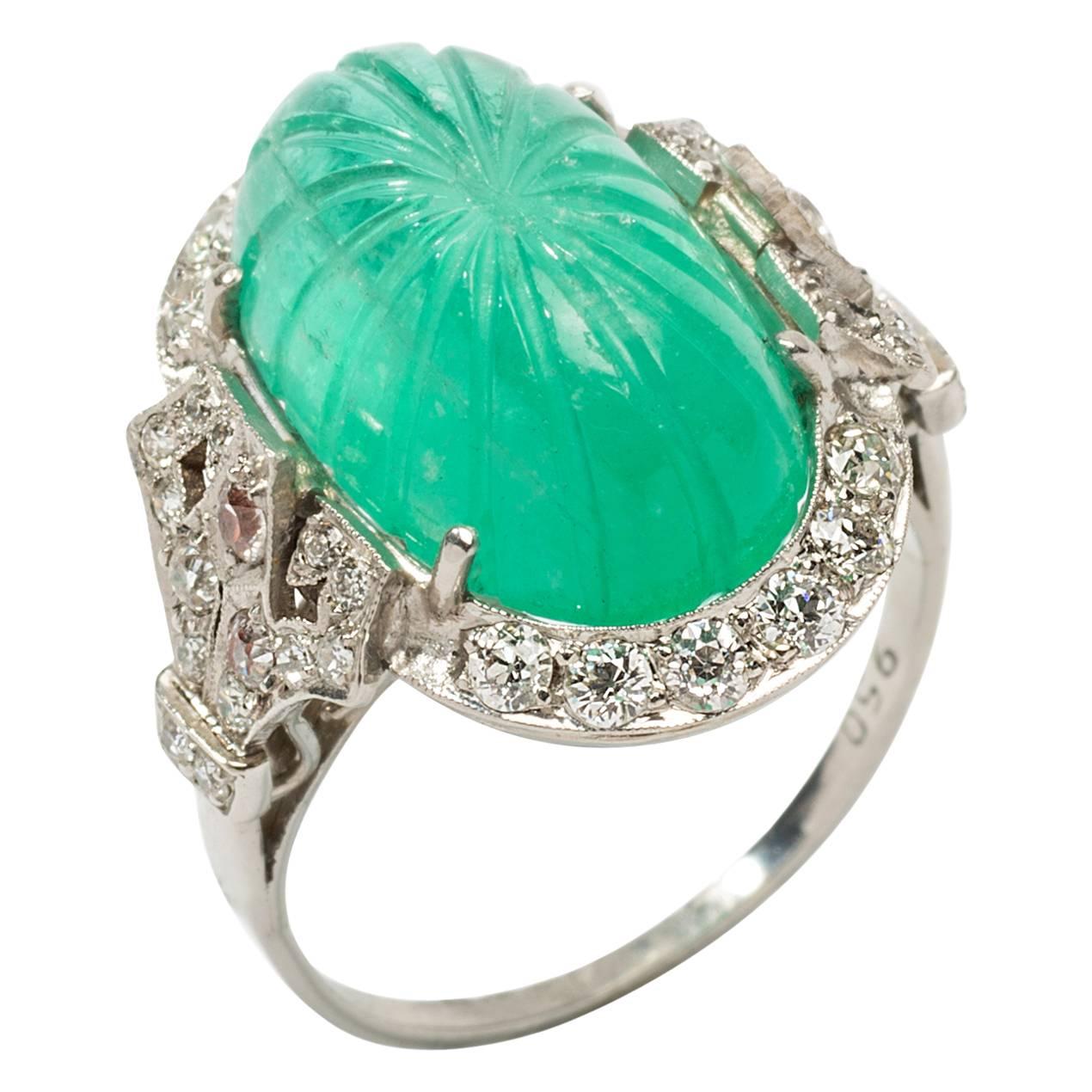 Platinum Ring with Carved Emerald and Diamonds For Sale