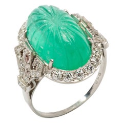 Platinum Ring with Carved Emerald and Diamonds