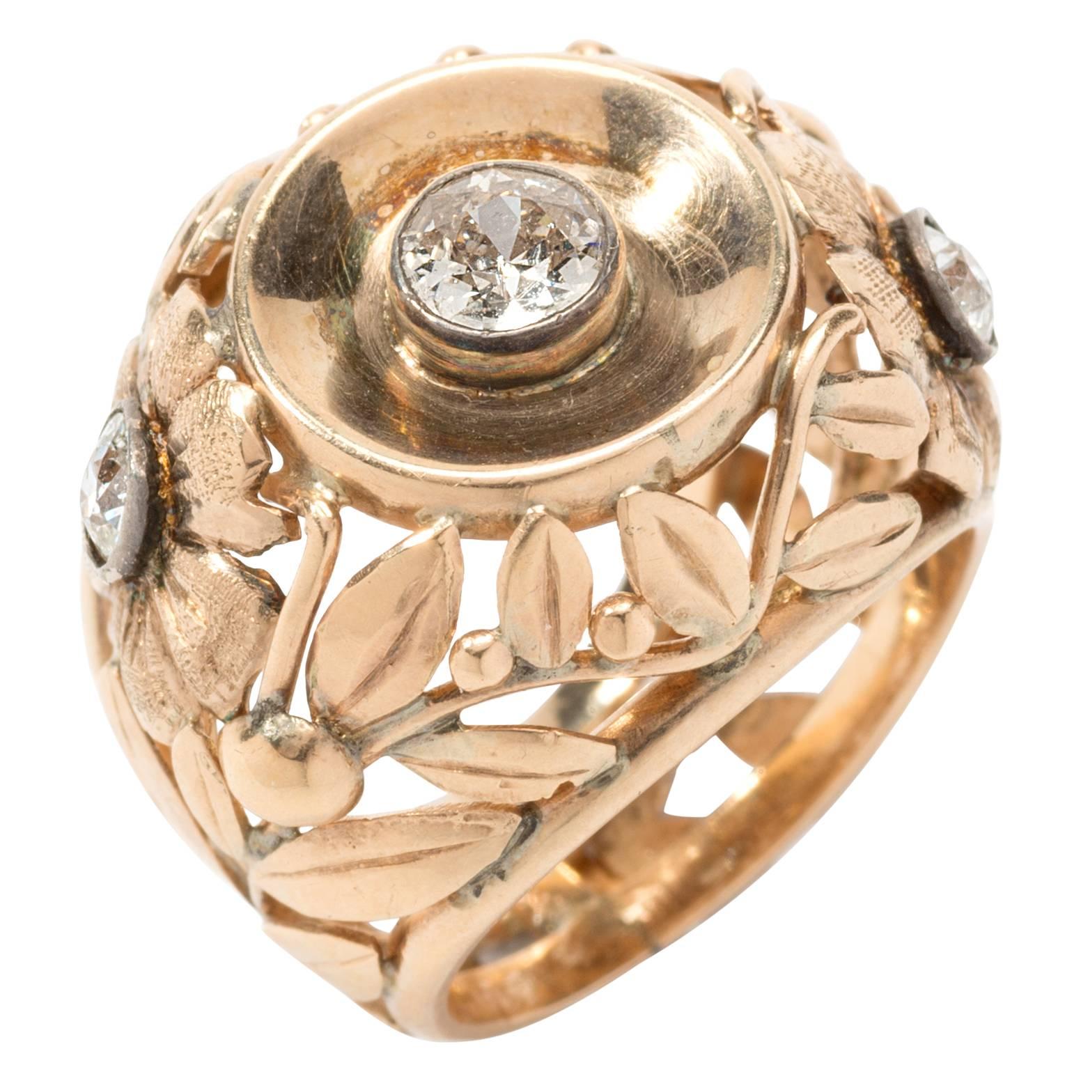 1930s Gold Cocktail Ring with Three Diamonds For Sale