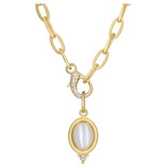 Collana a catena in platino con pietra lunare e diamanti bianchi in oro 22k, Denise Betesh