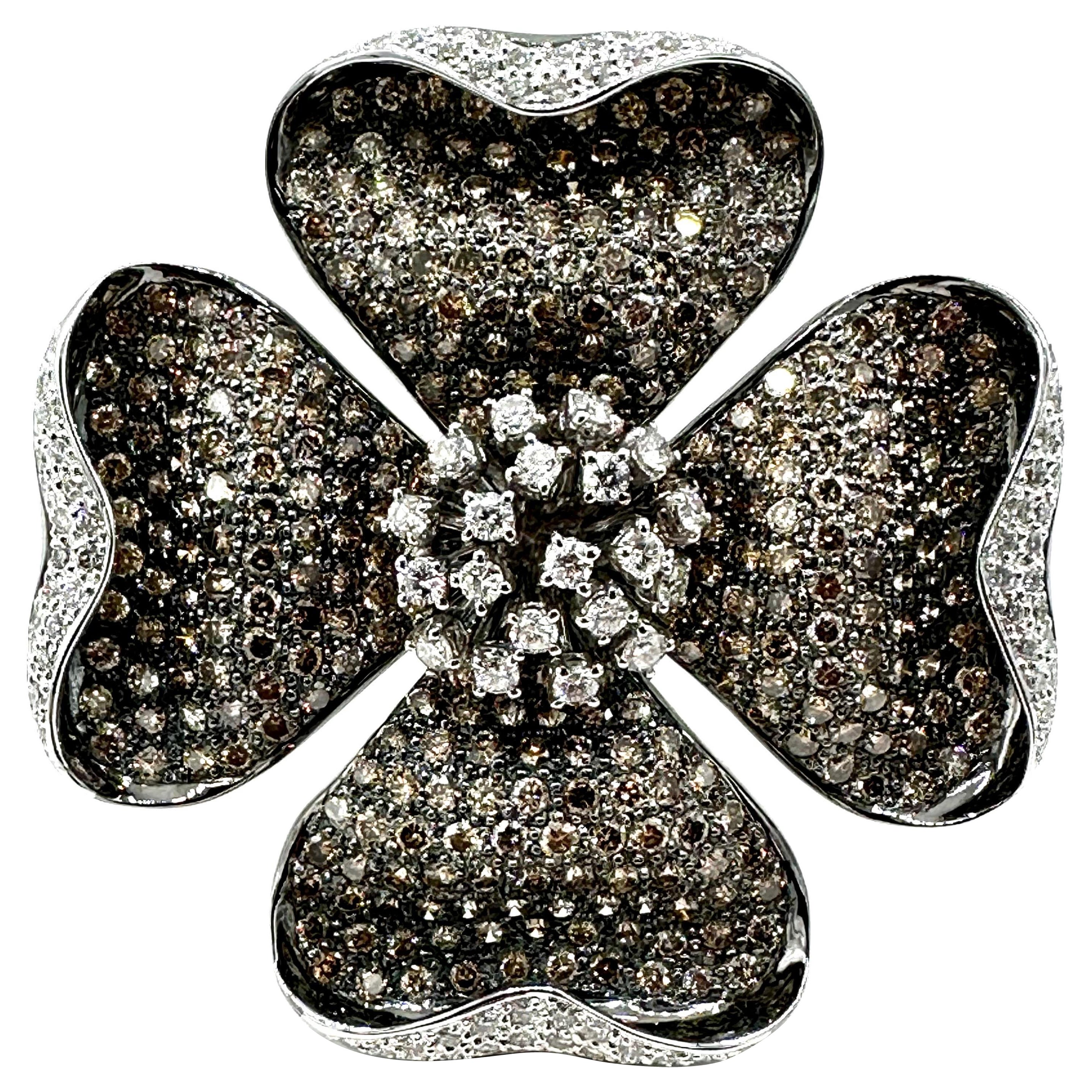 10.72 Carats Round Brilliant Cognac and White Diamonds White Gold Dogwood Brooch For Sale
