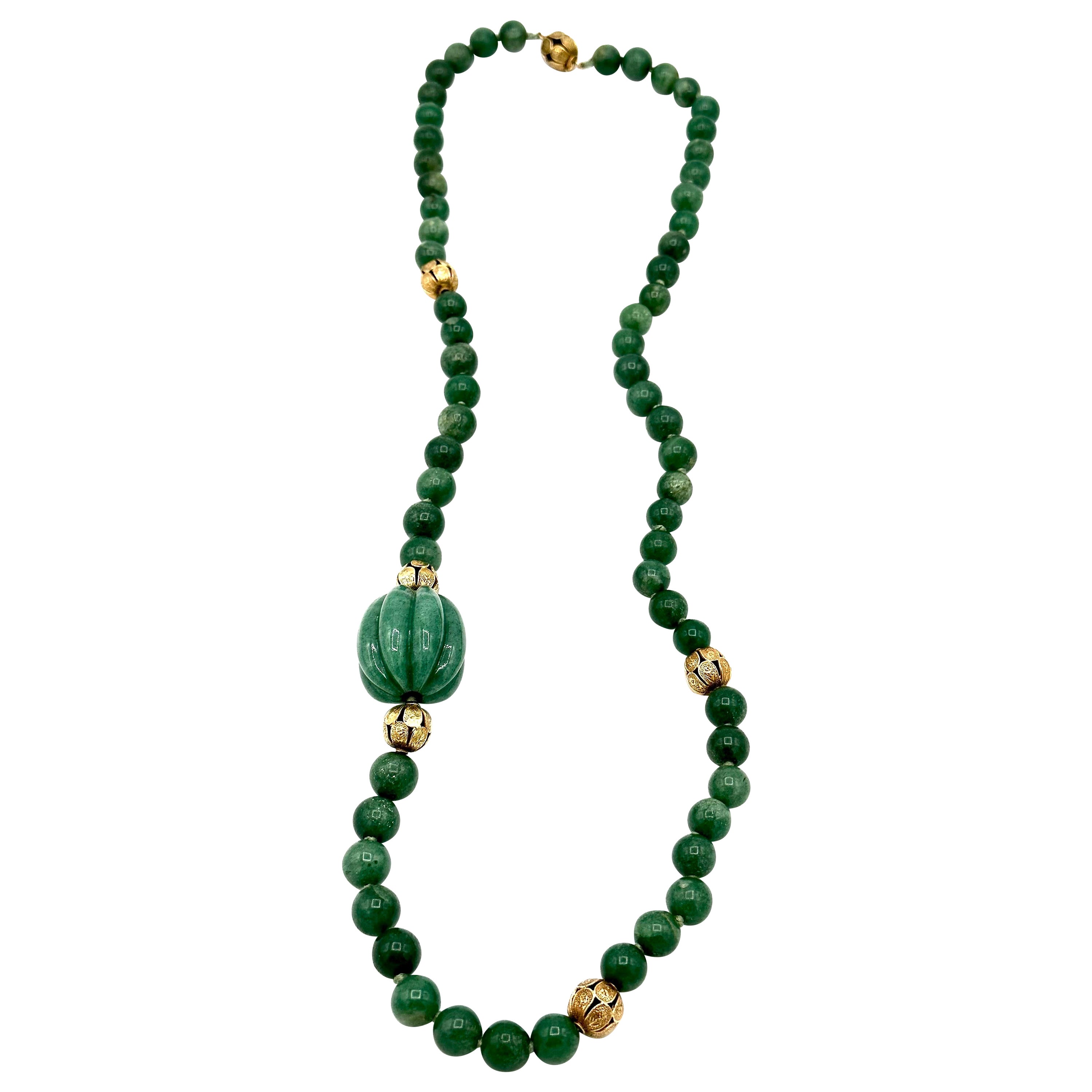 Seaman Schepps Aventurine Bead and Yellow Gold Rondelle 36.50 Inch Necklace For Sale