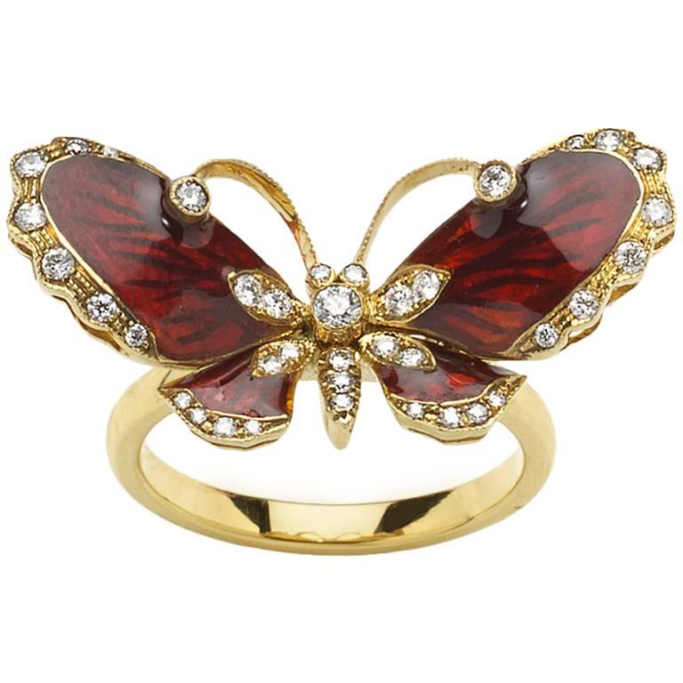 Red Enamel Diamond Gold Butterfly Ring