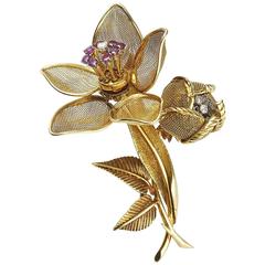 Ruby Diamond Gold Double Head Flower Brooch 2